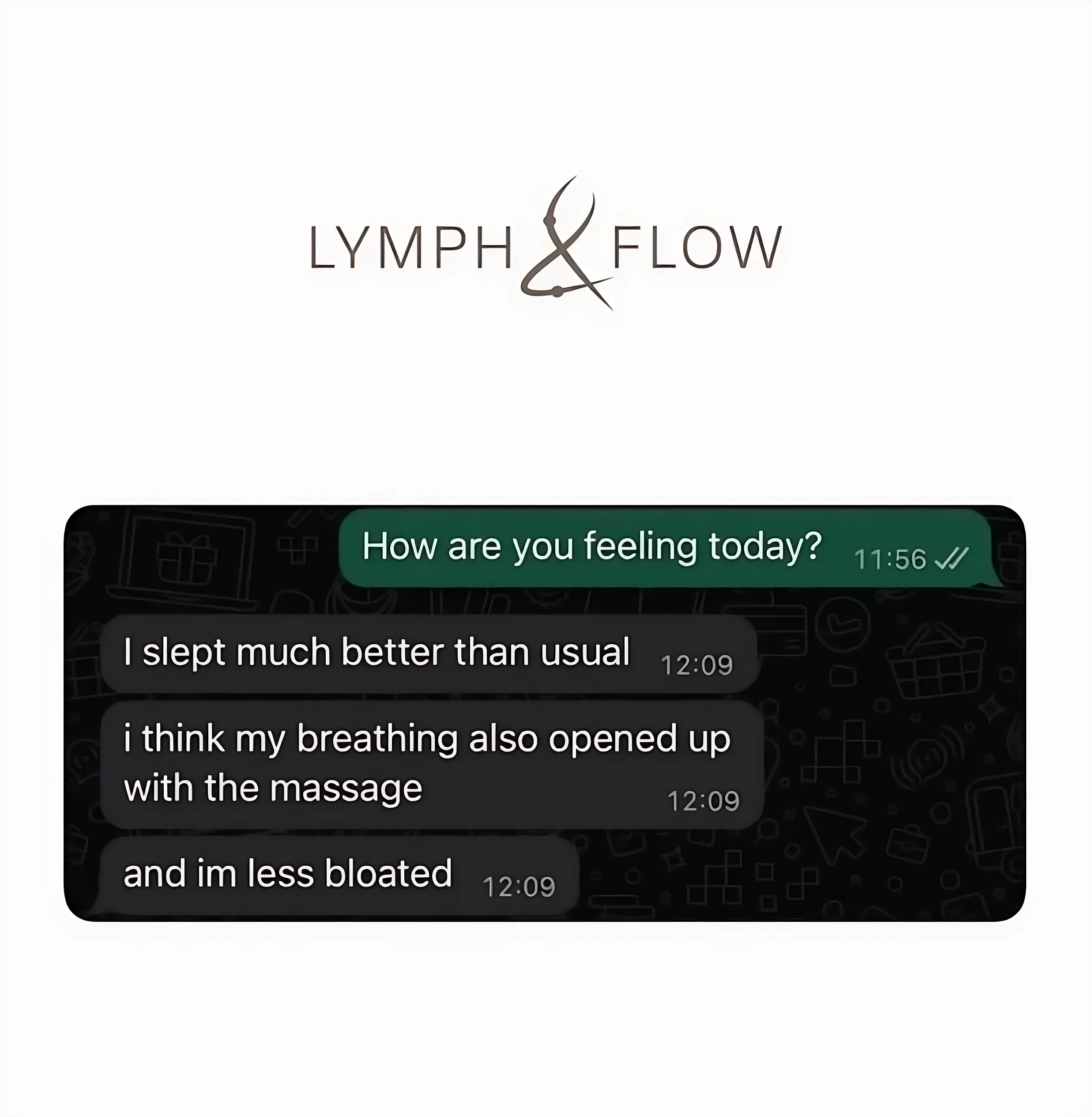 WhatsApp screenshot from Sara showing conversation about lymphatic drainage treatment - client mentioned sleeping better, breathing opened up, and less bloated